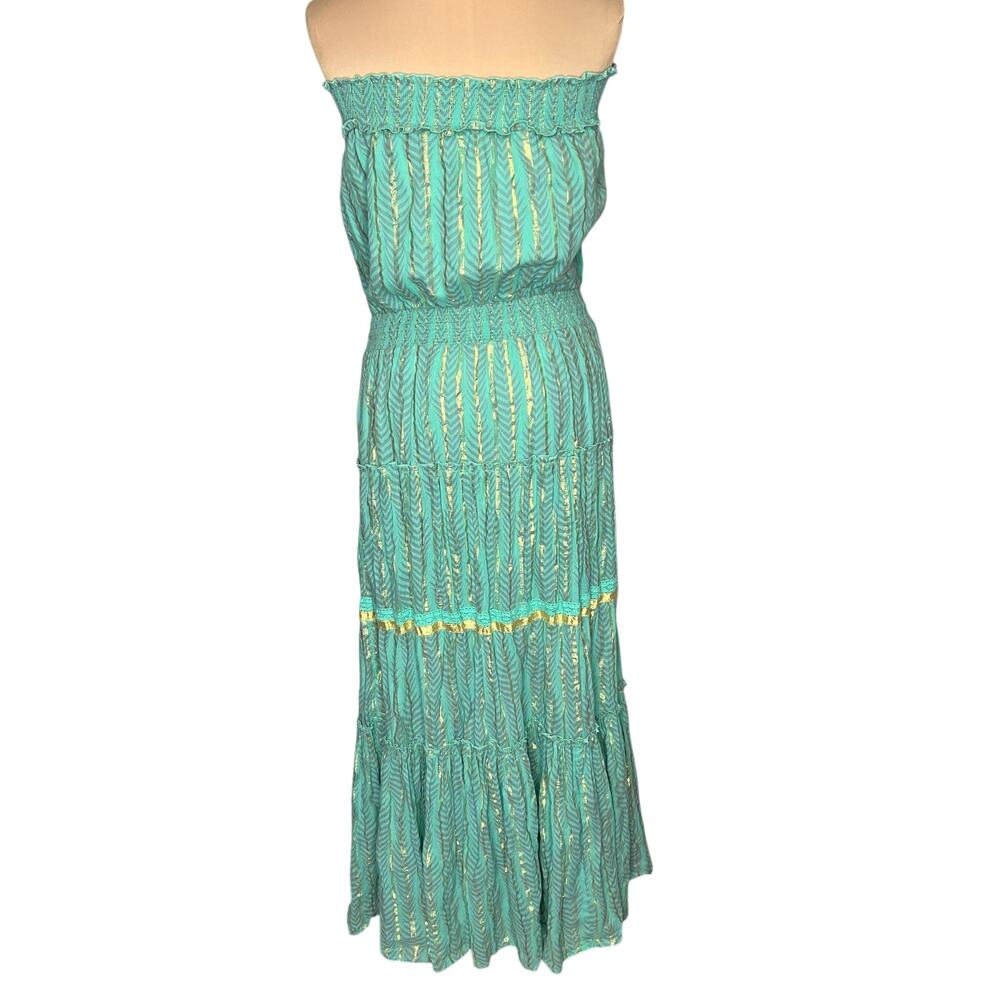 Venus Strapless Dress M/L Womens Bohemian Maxi Metallic Gold Teal Tassel Hippie - Picture 4 of 12